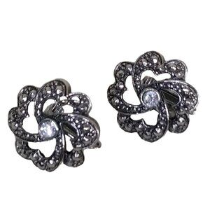 Vintage Silver Flower and Crystal Clip Earrings